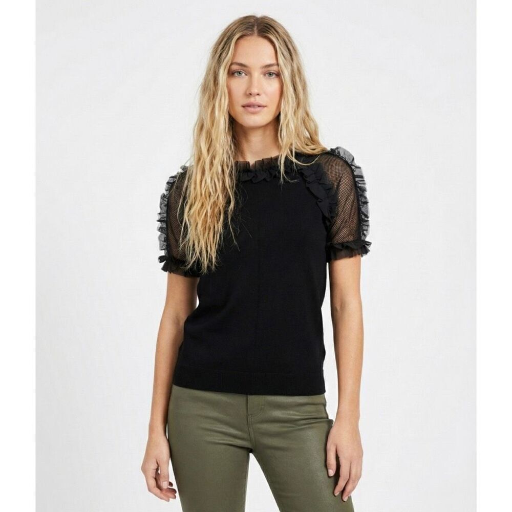 Sioni Black Mesh Sleeve Ruffle Neck Top Knit Blouse Medium Large Goth Party